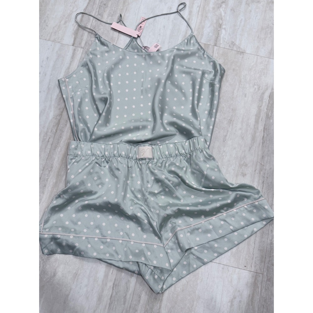 Victoria's Secret Satin Pajama Set Sage Green Polka Dot Cami Shorts XL/L NWT